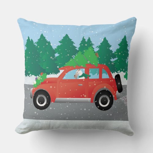 Wire Fox Terrier Driving a Christmas Car Throw Pillow