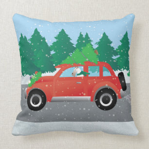 Wire Fox Terrier Driving a Christmas Car Throw Pillow