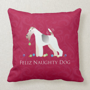 Wire Fox Terrier Feliz Naughty Dog Christmas Throw Pillow