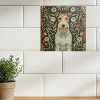 Wire Fox Terrier in William Morris Floral Style Ceramic Tile