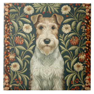 Wire Fox Terrier in William Morris Floral Style Ceramic Tile