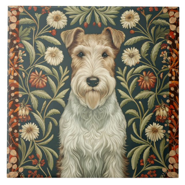 Wire Fox Terrier in William Morris Floral Style Ceramic Tile (Front)