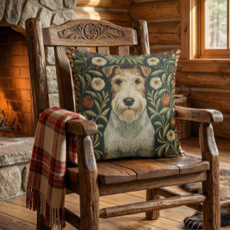 Wire Fox Terrier in William Morris Floral Style Throw Pillow