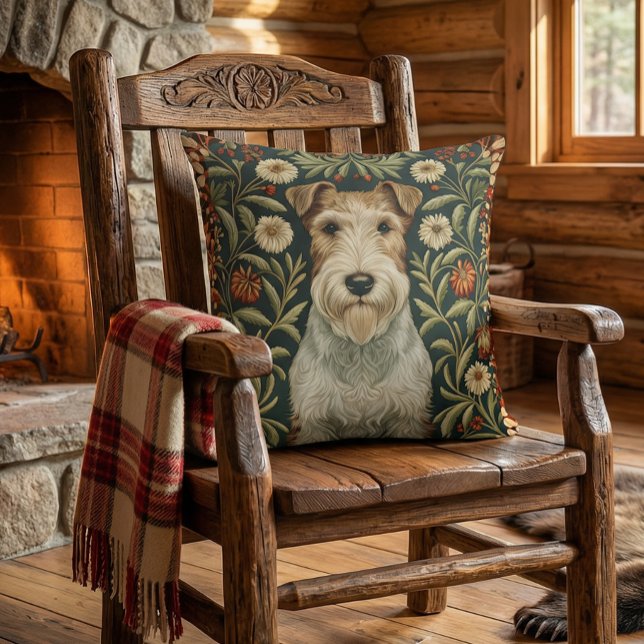 Wire Fox Terrier in William Morris Floral Style Throw Pillow (Approximates 20 inch size.)