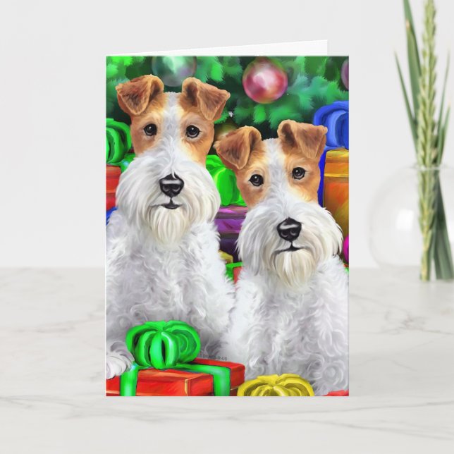 Wire Fox Terrier Open Gifts Christmas Holiday Card (Front)