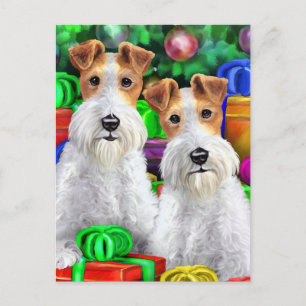 Wire Fox Terrier Open Gifts Christmas Holiday Postcard