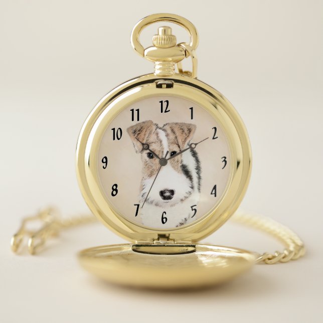 Wire Fox Terrier Painting - Cute Original Dog Art Pocket Watch (Inside)