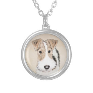 Wire Fox Terrier Painting - Cute Original Dog Art Silver Plated Necklace