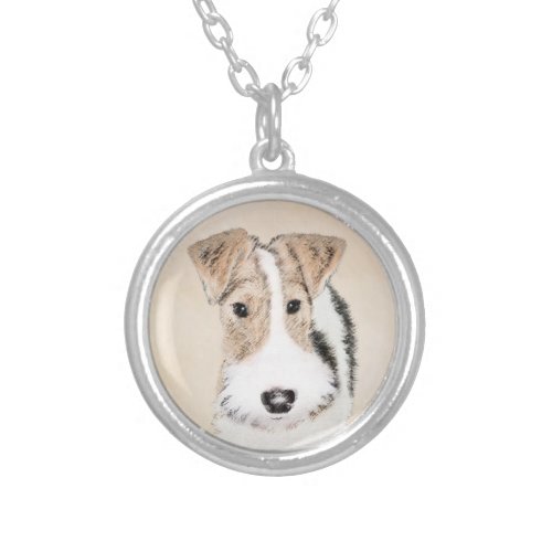 Wire Fox Terrier Painting _ Cute Original Dog Art Silver Plated Necklace