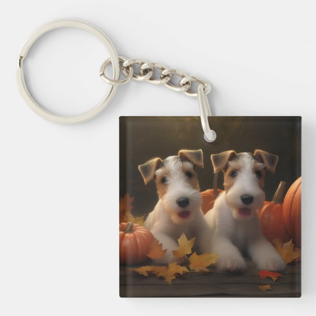 Wire Fox Terrier Puppy Autumn Delight Pumpkin Keychain (Front)