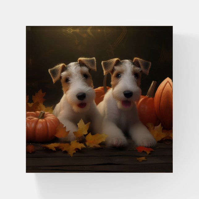 Wire Fox Terrier Puppy Autumn Delight Pumpkin Paperweight (Front)