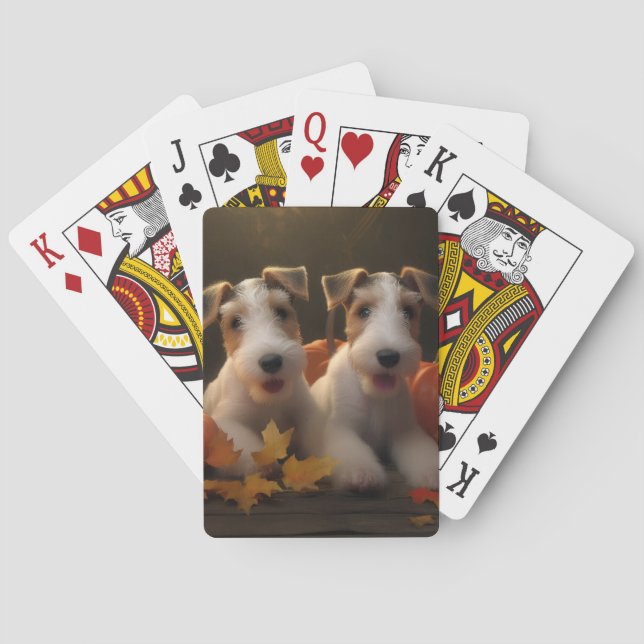 Wire Fox Terrier Puppy Autumn Delight Pumpkin Poker Cards (Back)