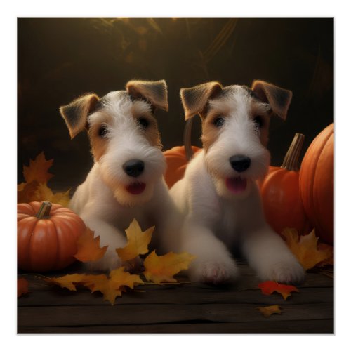 Wire Fox Terrier Puppy Autumn Delight Pumpkin Poster