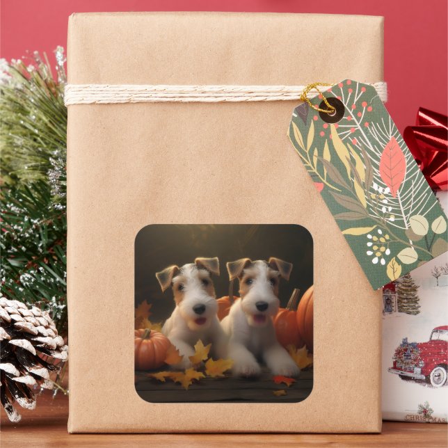 Wire Fox Terrier Puppy Autumn Delight Pumpkin Square Sticker (Holiday)