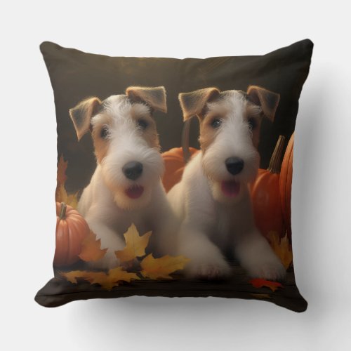 Wire Fox Terrier Puppy Autumn Delight Pumpkin Throw Pillow
