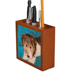 Wire Fox Terrier Puppy Painting - Original Dog Art Desk Organizer