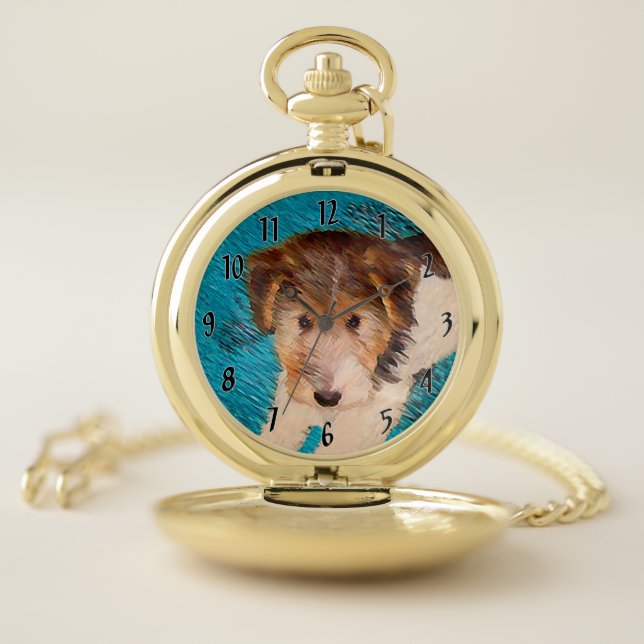 Wire Fox Terrier Puppy Painting - Original Dog Art Pocket Watch (Inside)
