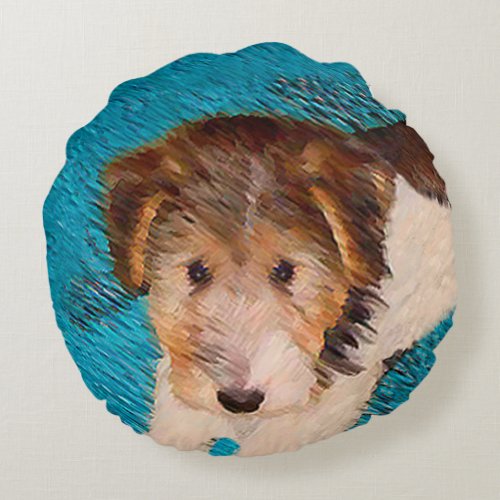 Wire Fox Terrier Puppy Painting _ Original Dog Art Round Pillow