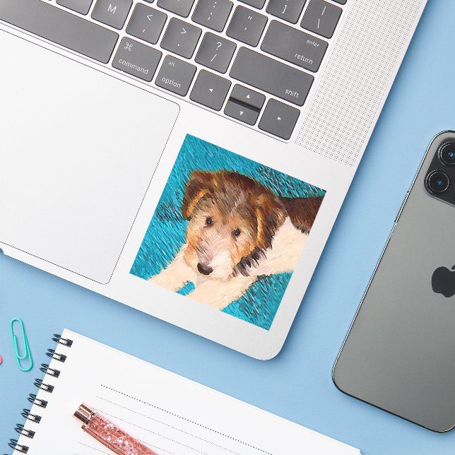 Wire Fox Terrier Puppy Painting - Original Dog Art Sticker (Laptop w/ iPhone)