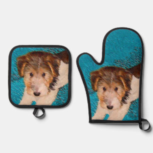 Wire Fox Terrier Puppy Painting tricolor Dog Art Oven Mitt & Pot Holder Set