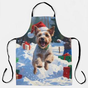 Wire Fox Terrier Running Snow with Christmas Hat Apron