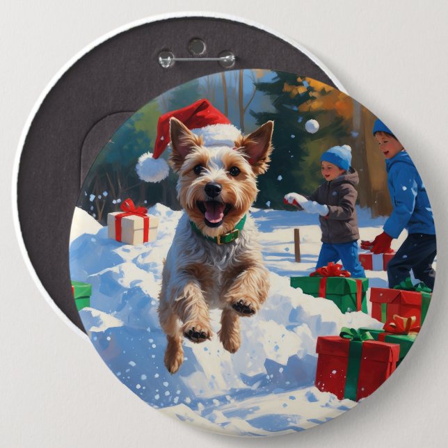 Wire Fox Terrier Running Snow with Christmas Hat Button (Front & Back)
