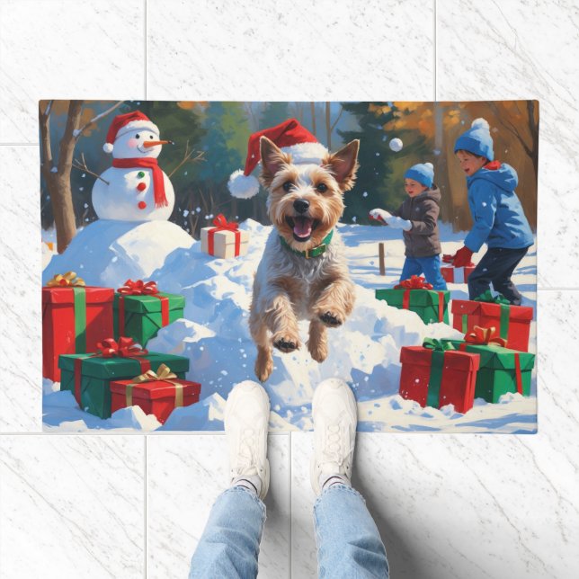 Wire Fox Terrier Running Snow with Christmas Hat Doormat (Indoor)