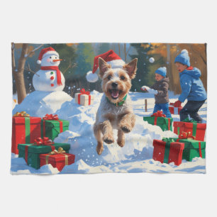 Wire Fox Terrier Running Snow with Christmas Hat Kitchen Towel