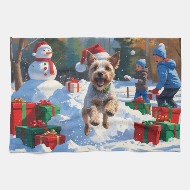 Wire Fox Terrier Running Snow with Christmas Hat Kitchen Towel (Horizontal)