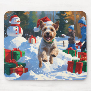 Wire Fox Terrier Running Snow with Christmas Hat Mouse Pad