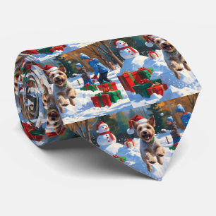 Wire Fox Terrier Running Snow with Christmas Hat Neck Tie