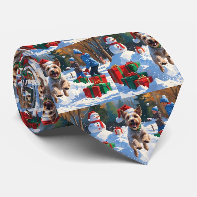 Wire Fox Terrier Running Snow with Christmas Hat Neck Tie (Rolled)