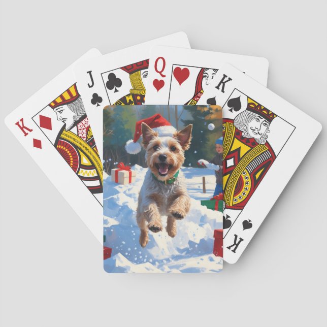 Wire Fox Terrier Running Snow with Christmas Hat Poker Cards (Back)