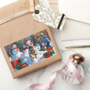 Wire Fox Terrier Running Snow with Christmas Hat Rectangular Sticker