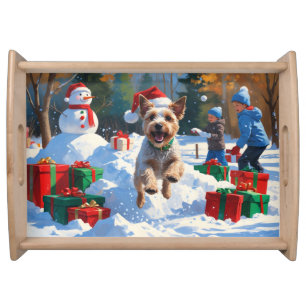 Wire Fox Terrier Running Snow with Christmas Hat Serving Tray