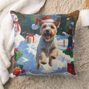 Wire Fox Terrier Running Snow with Christmas Hat Throw Pillow