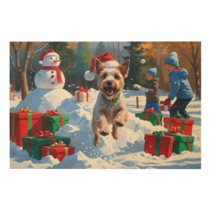 Wire Fox Terrier Running Snow with Christmas Hat Wood Wall Art