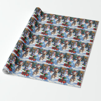 Wire Fox Terrier Running Snow with Christmas Hat Wrapping Paper