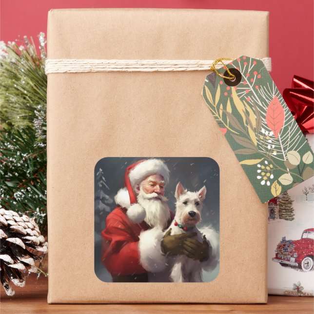 Wire Fox Terrier Santa Claus Festive Christmas Square Sticker (Holiday)