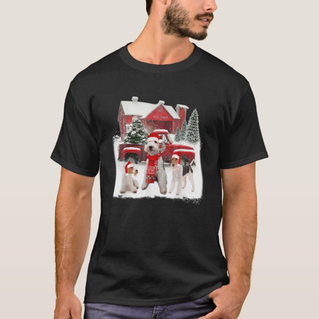Wire fox Terrier Santa Hat Red Truck Tree Farm Chr T-Shirt (Front)