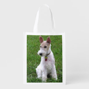 wire fox terrier sitting reusable grocery bag