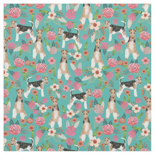 wire fox terrier vintage florals turquoise fabric