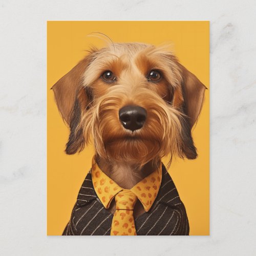 Wire Haired Dachshung On Yellow Postcard