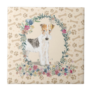 Wire Haired Fox Terrier Dog Paw Print Floral Cute Ceramic Tile