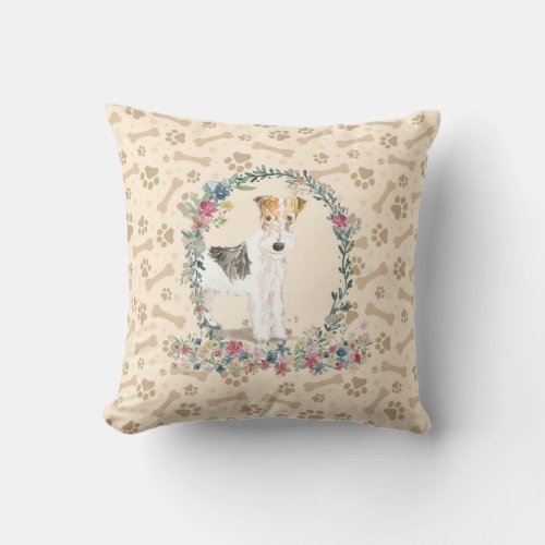 Wire Haired Fox Terrier Dog Paw Print  Floral Throw Pillow