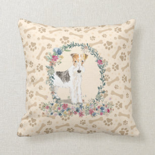 Wire Haired Fox Terrier Dog Paw Print & Floral Throw Pillow