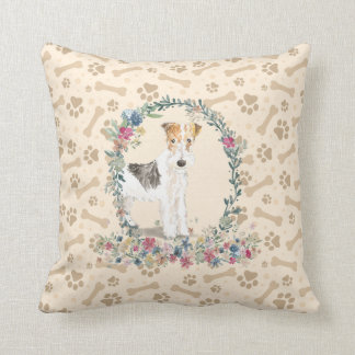 Wire Haired Fox Terrier Dog Paw Print & Floral Throw Pillow