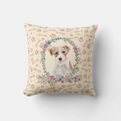 Wire Haired Jack Russell Dog Paw Print  Floral Throw Pillow