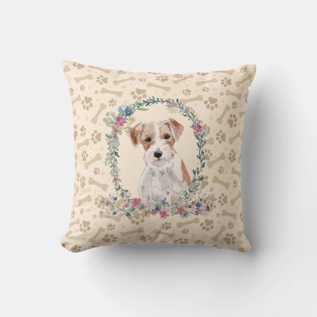 Wire Haired Jack Russell Dog Paw Print & Floral Throw Pillow (Front)