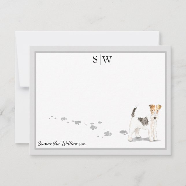 Wire Haired Terrier Gray Border Monogram Custom Note Card (Front)